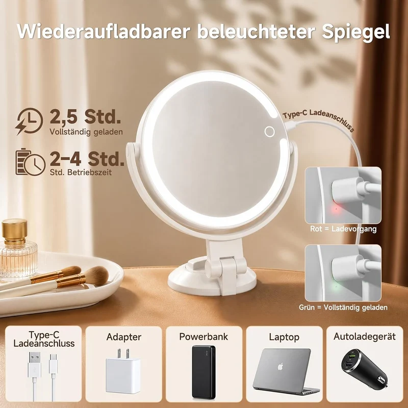 Kosmetikspiegel mit Beleuchtung, Doppelseitiger 1X / 10X Vergrösserungsspiegel mit Saugnapf, Wandver