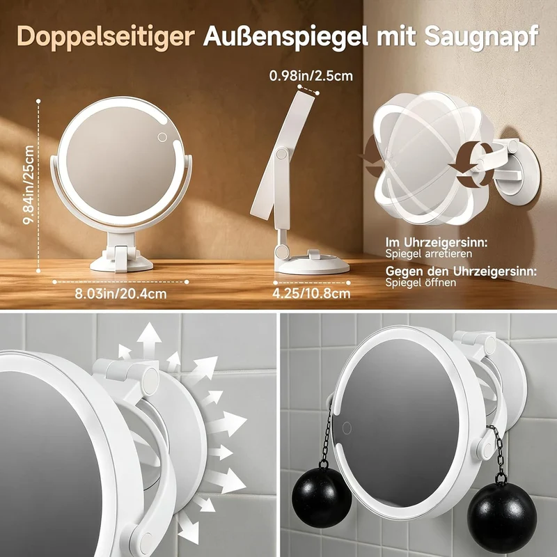 Kosmetikspiegel mit Beleuchtung, Doppelseitiger 1X / 10X Vergrösserungsspiegel mit Saugnapf, Wandver