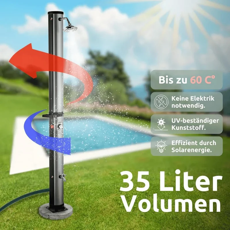DELUKE Outdoor Solardusche 35 Liter inkl. Wasserspeicher - Mit Abdeckung | Solar Gartendusche warmes