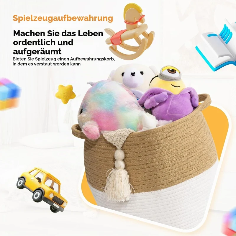 Baumwollseilkorb mit Griffen 26L Aufbewahrungskorb, Wäschekorb geflochten Grosser Korb aus Baumwolls