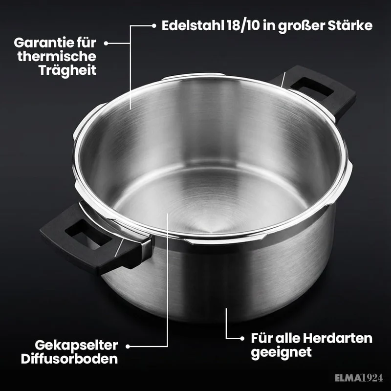 ELMA Prêst Schnellkochtopf 4 Liter, Ø 24 cm | 18/10 Edelstahl, Induktionsgeeigneter Kapselboden, 2 G