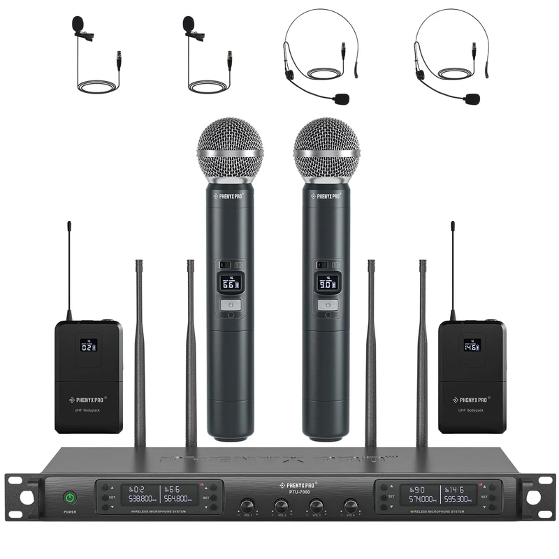 Phenyx Pro 4-Kanal Kabelloses Mikrofon-System mit Handheld PTU-7000-2H2B | Bodypack, Headset und Lap