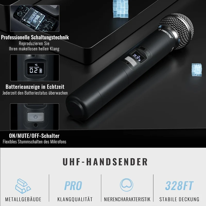 Phenyx Pro 4-Kanal Kabelloses Mikrofon-System mit Handheld PTU-7000-2H2B | Bodypack, Headset und Lap