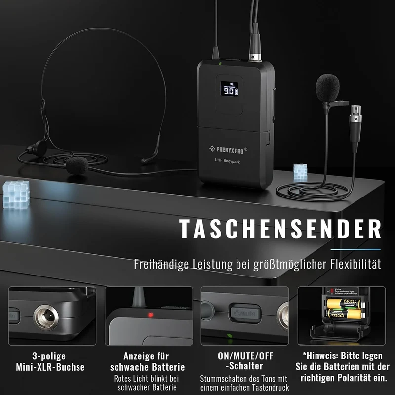 Phenyx Pro 4-Kanal Kabelloses Mikrofon-System mit Handheld PTU-7000-2H2B | Bodypack, Headset und Lap