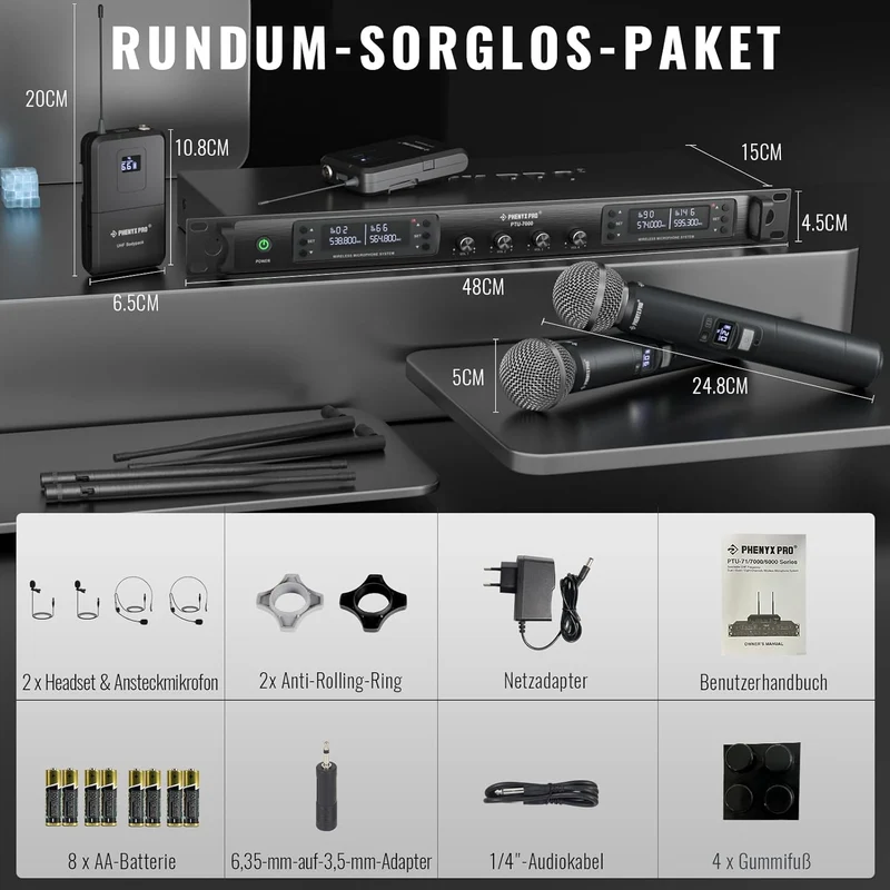 Phenyx Pro 4-Kanal Kabelloses Mikrofon-System mit Handheld PTU-7000-2H2B | Bodypack, Headset und Lap