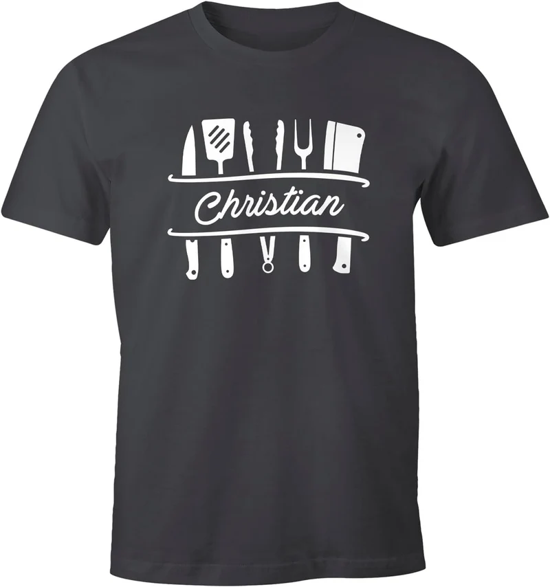 MoonWorks® Herren T-Shirt Grillen personalisiert eigener Name Grillbesteck Geburtstag Geschenk für M