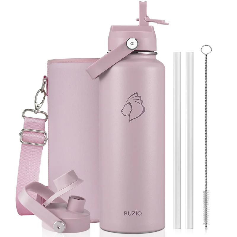 BUZIO 1,2L Edelstahl Trinkflasche isoliert mit Strohhalm & Ausgussdeckel | Metall-Wasserflasche hält