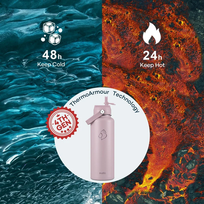 BUZIO 1,2L Edelstahl Trinkflasche isoliert mit Strohhalm & Ausgussdeckel | Metall-Wasserflasche hält