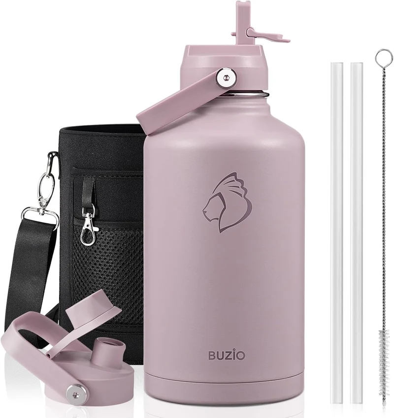 BUZIO 1,2L Edelstahl Trinkflasche isoliert mit Strohhalm & Ausgussdeckel | Metall-Wasserflasche hält