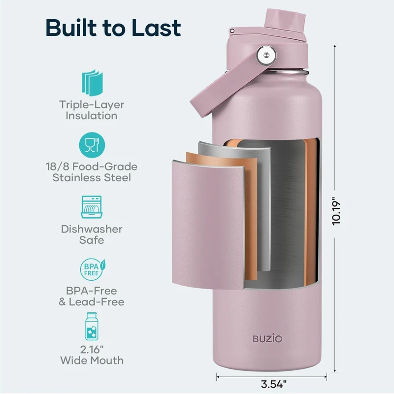 BUZIO 1,2L Edelstahl Trinkflasche isoliert mit Strohhalm & Ausgussdeckel | Metall-Wasserflasche hält