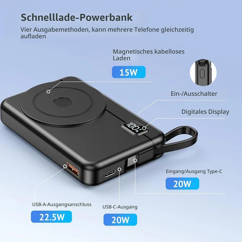 Powerbank für Magsafe10000mAh 22.5W Magnetische - Kabelloses Externe Handyakkus mit Typ-C-Eingang un