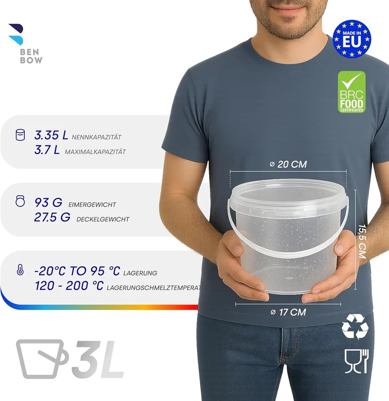 BenBow Eimer mit Deckel 3l transparent 10x 3 Liter - lebensmittelecht, stabil, luftdicht - Plastikei