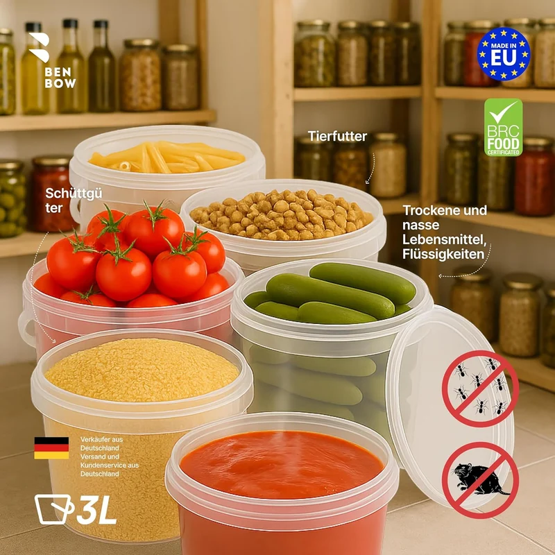 BenBow Eimer mit Deckel 3l transparent 10x 3 Liter - lebensmittelecht, stabil, luftdicht - Plastikei