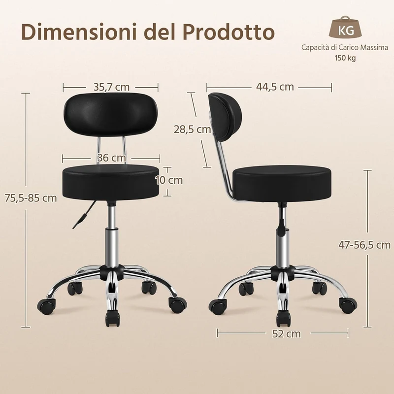 Yaheetech Rollhocker Arbeitshocker mit Rückenlehne Höhenverstellbarer 75.5-85cm,Drehhocker mit Rolle