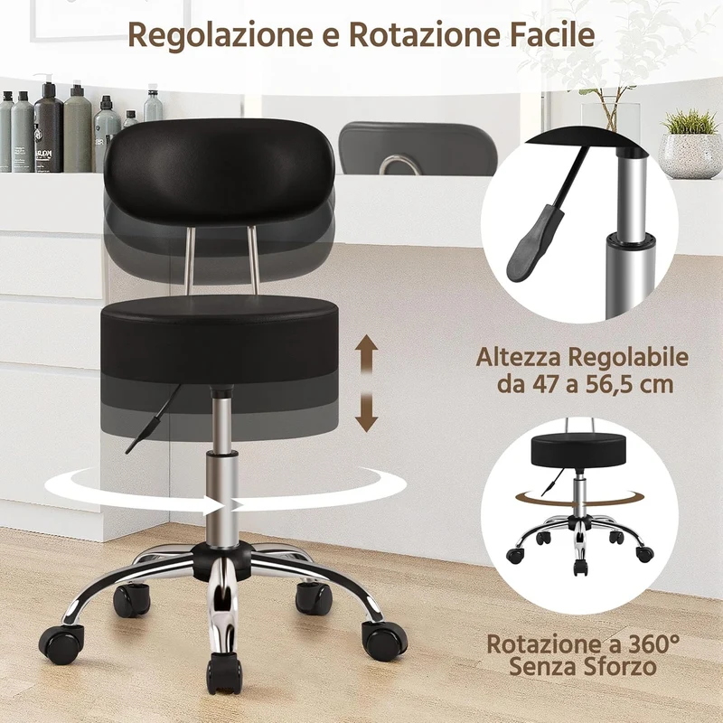 Yaheetech Rollhocker Arbeitshocker mit Rückenlehne Höhenverstellbarer 75.5-85cm,Drehhocker mit Rolle