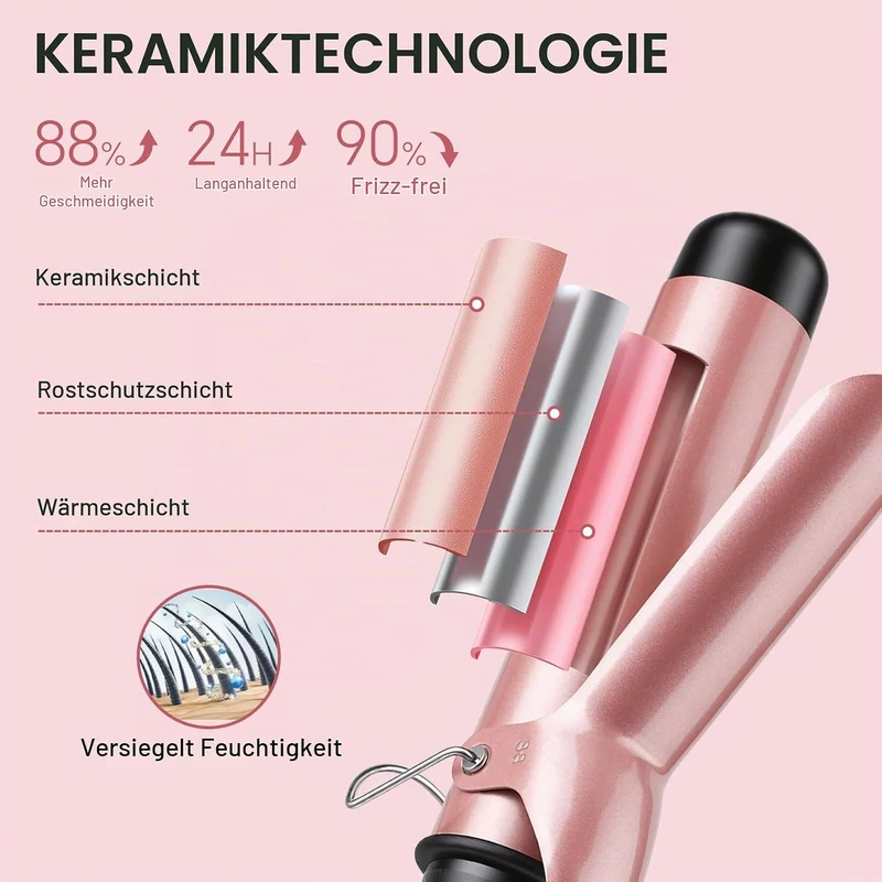Lockenstab Grosse Locken 38mm mit Quarz-Keramik-Beschichtung | 14 Temperaturstufen, LCD 100-230°C, m