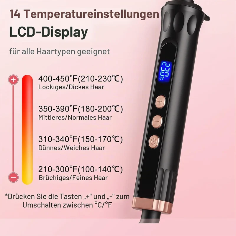 Lockenstab Grosse Locken 38mm mit Quarz-Keramik-Beschichtung | 14 Temperaturstufen, LCD 100-230°C, m