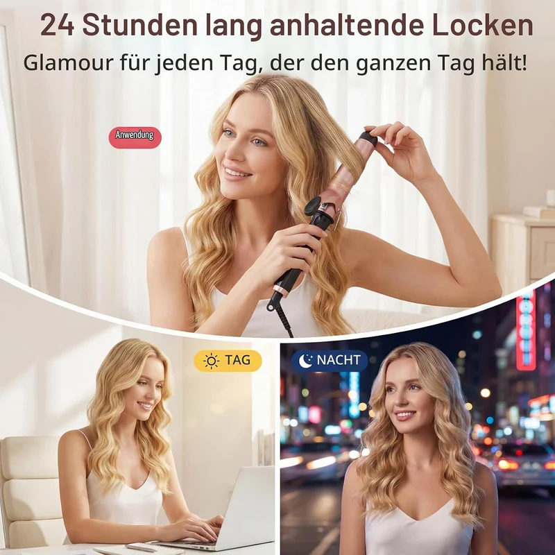 Lockenstab Grosse Locken 38mm mit Quarz-Keramik-Beschichtung | 14 Temperaturstufen, LCD 100-230°C, m