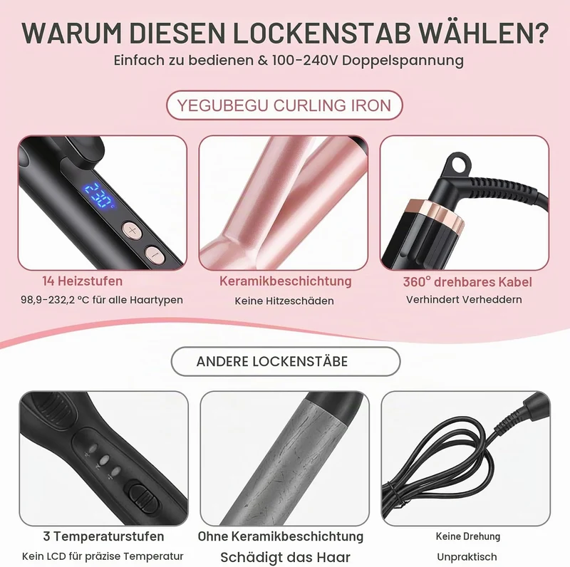 Lockenstab Grosse Locken 38mm mit Quarz-Keramik-Beschichtung | 14 Temperaturstufen, LCD 100-230°C, m