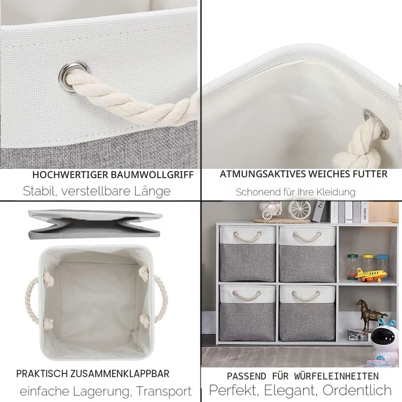 Mangata Stoff Aufbewahrungsbox 25x25x25 cm Faltbar Grau Weiss 4er Pack Grau, Weiss 25cm/ 4Pcs, Grau,
