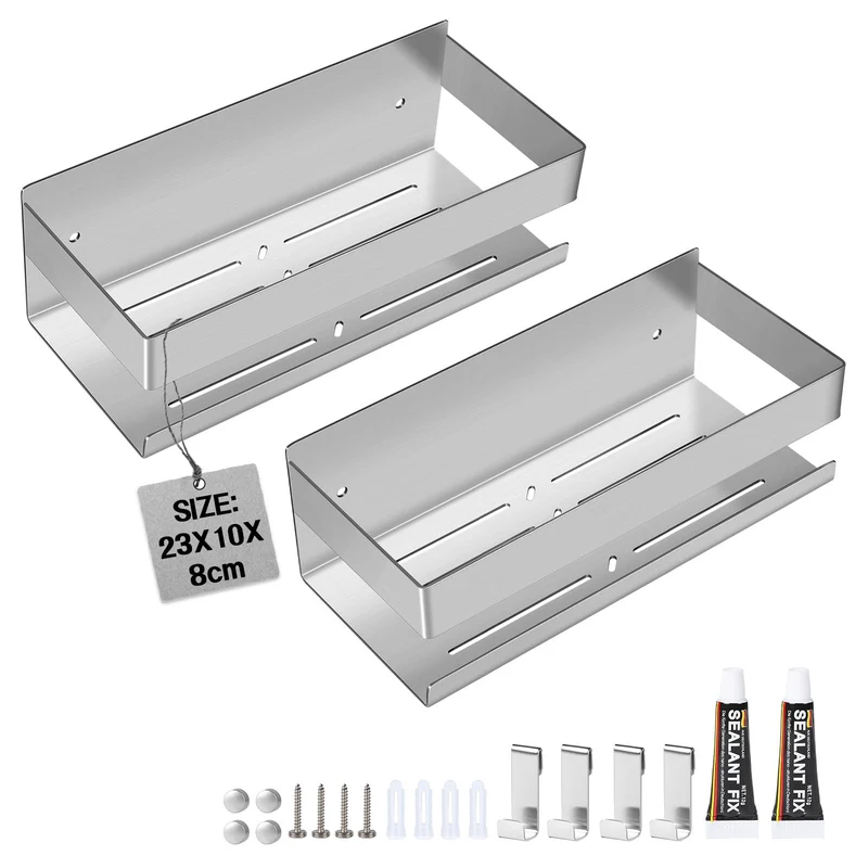 EXLECO 2x23CM Duschablage Ohne Bohren Duschregal Wand Edelstahl Badregal mit 8 Haken Duschkorb zum B
