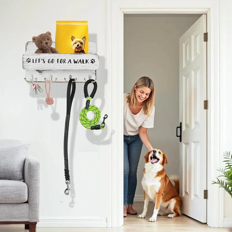 Hundegarderobe mit Ablage, Hundeleinenhalter Wand für Ordnen von Leinen und Zubehör, Wandhaken für H