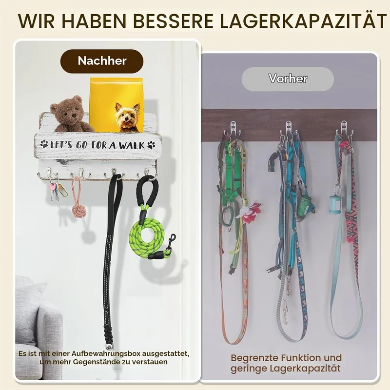 Hundegarderobe mit Ablage, Hundeleinenhalter Wand für Ordnen von Leinen und Zubehör, Wandhaken für H