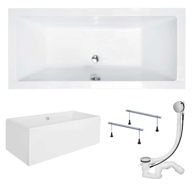KOLMAN Badewanne QUADRO Rechteck 165x75 mit AcrylSchürze, Ablaufgarnitur und Füssen Komplettset 4in1