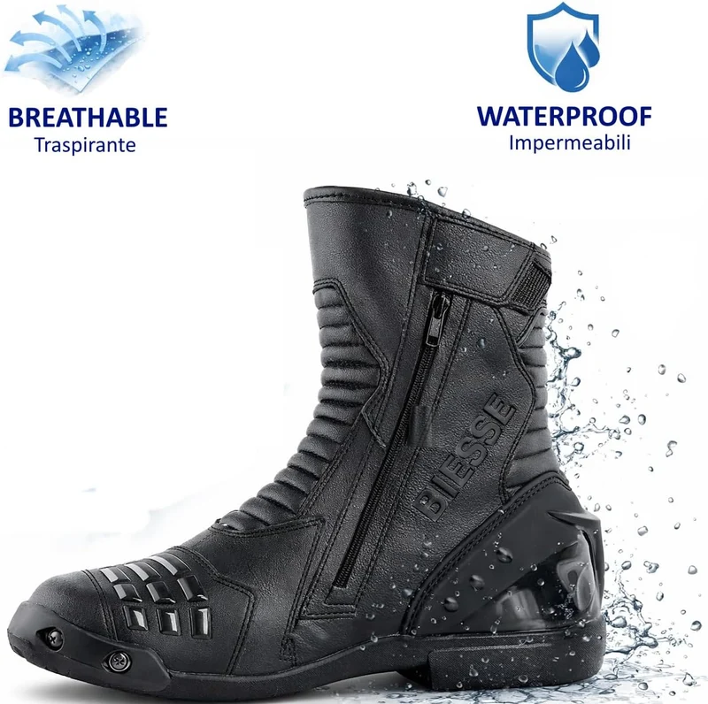 BI ESSE - Motorradschuhe aus Leder, wasserdicht, atmungsaktiv, Winterstiefel für Strasse, Knöchelsch