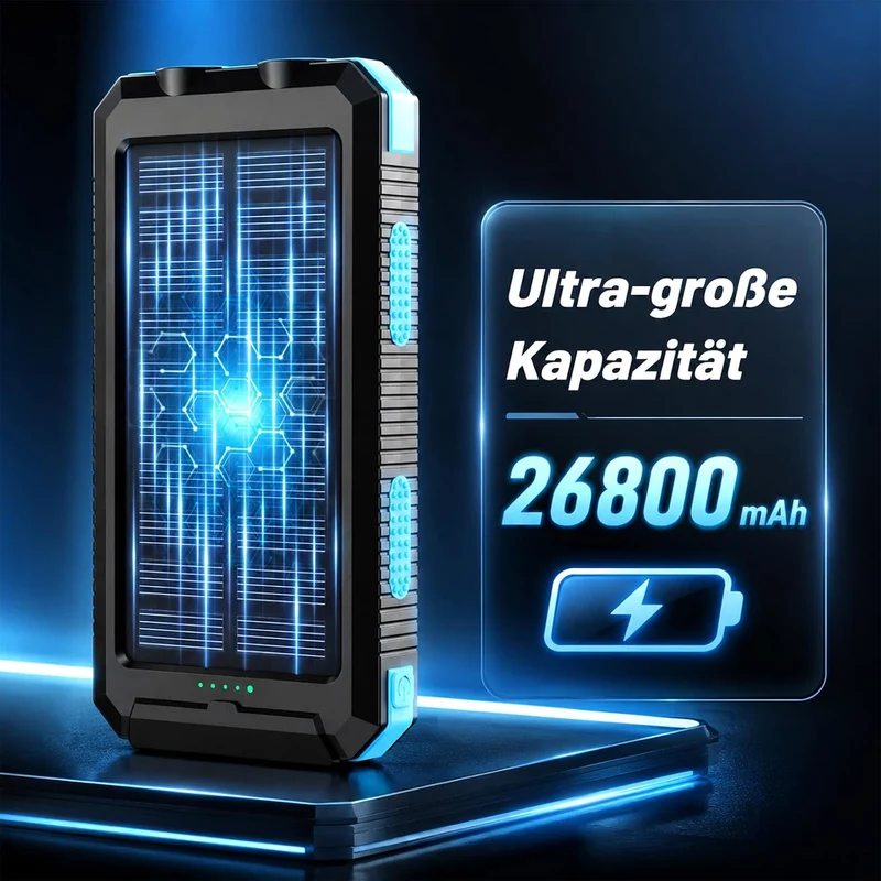 Vikeri Solar Powerbank 26800mAh, Powerbank Solar Wasserdichtes USB C Externer Akku mit 4 Outputs, Po
