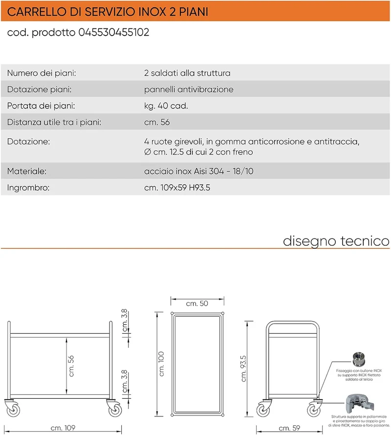 Servierwagen aus Edelstahl mit zwei Etagen (100, 50) 100.0 Zentimeter 50.0 Zentimeter, 100.0 Zentime