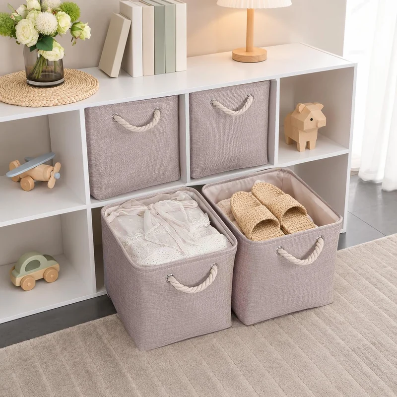 Mangata Aufbewahrungsbox Stoff 25x25x25 cm, aufbewahrungskorb Helles Khaki, Korbe Stoff in Würfel fü