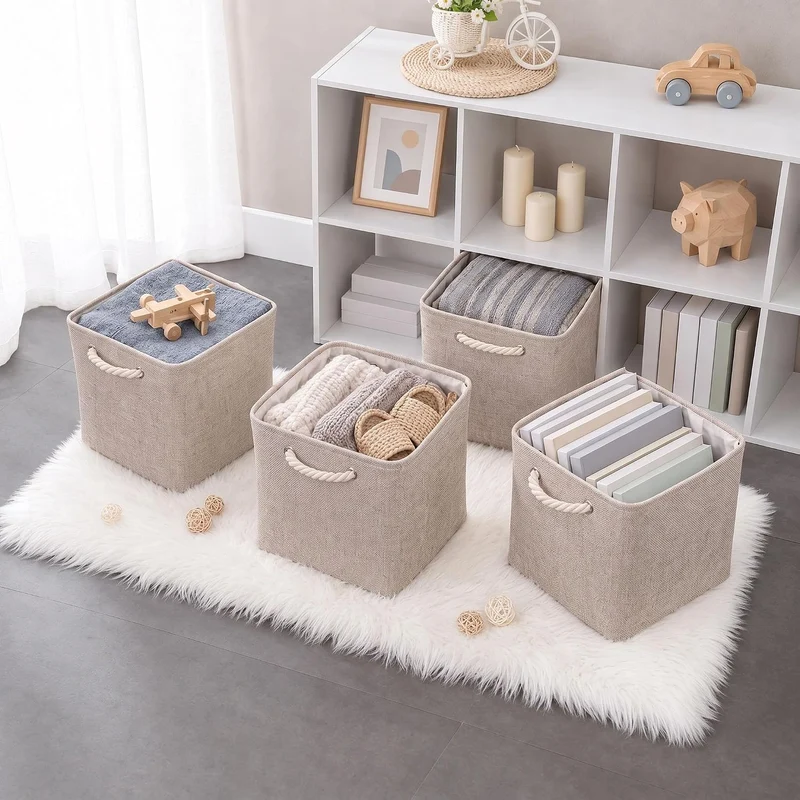 Mangata Aufbewahrungsbox Stoff 25x25x25 cm, aufbewahrungskorb Helles Khaki, Korbe Stoff in Würfel fü
