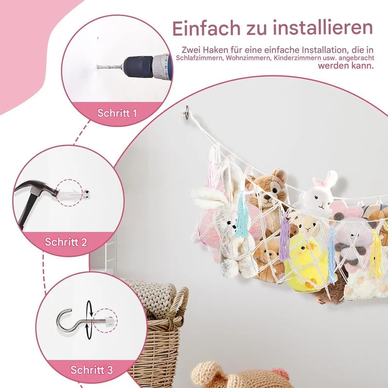 Stofftier Aufbewahrungsnetze,Boho Organizer Zimmer Deko - Plüschtier Aufbewahrungs Hängematte Mesh N