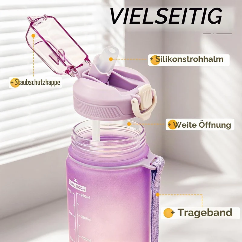 YC Kitchen Trinkflasche 1L – Wasserflasche 1L, auslaufsichere und BPA-freie Trinkflasche sport - Was