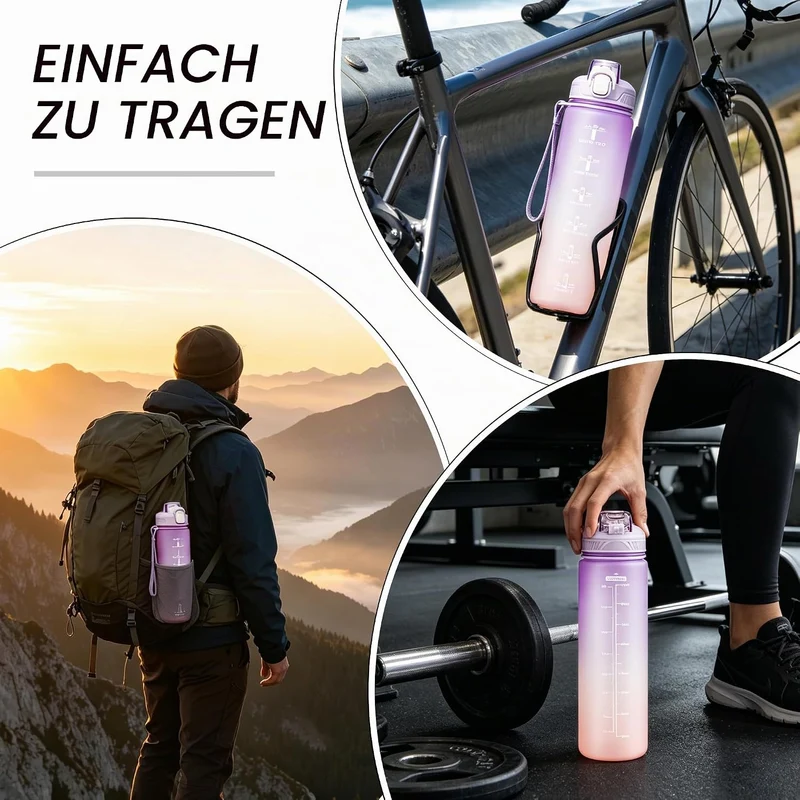 YC Kitchen Trinkflasche 1L – Wasserflasche 1L, auslaufsichere und BPA-freie Trinkflasche sport - Was