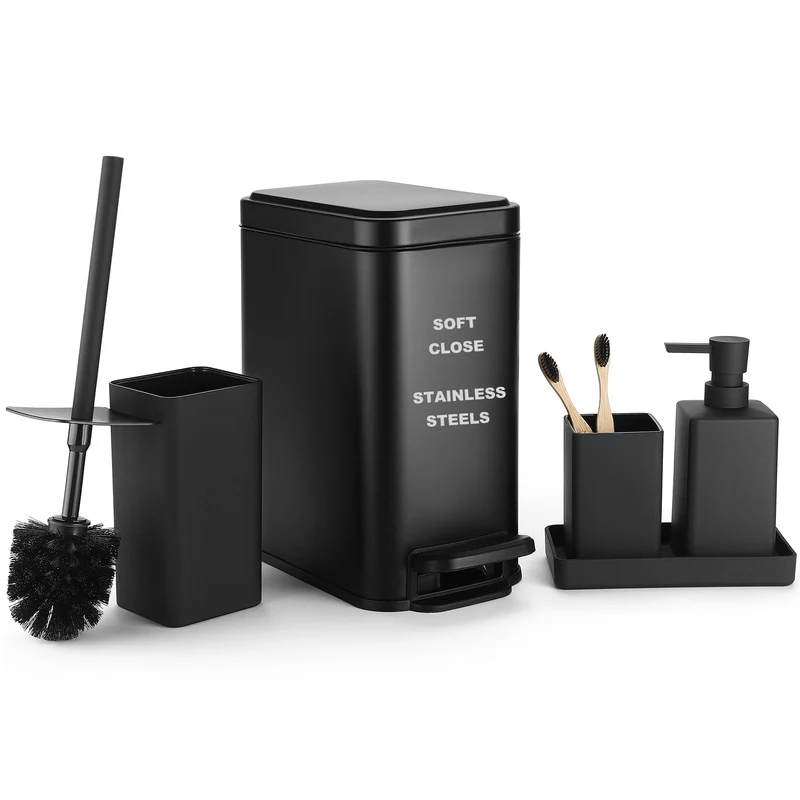 GAHEFY Badezimmer Accessoires Set 5-teilig – Edelstahl Mülleimer 5L mit Soft-Close Deckel, WC Bürste