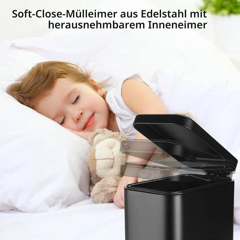 GAHEFY Badezimmer Accessoires Set 5-teilig – Edelstahl Mülleimer 5L mit Soft-Close Deckel, WC Bürste