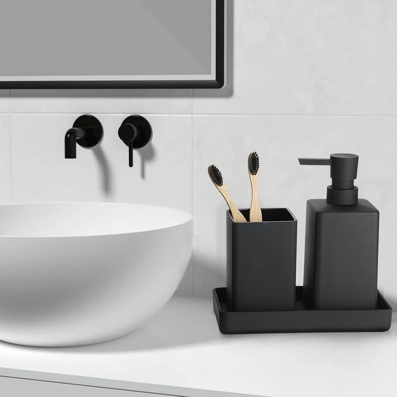 GAHEFY Badezimmer Accessoires Set 5-teilig – Edelstahl Mülleimer 5L mit Soft-Close Deckel, WC Bürste