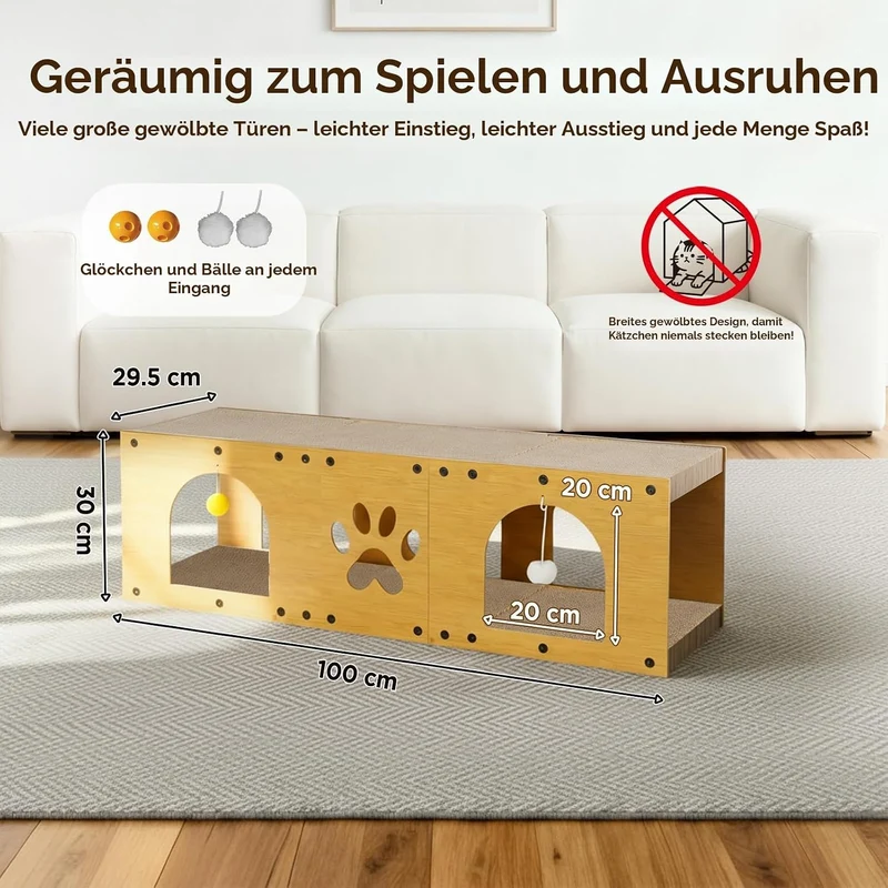 Gimars 100x30x30 cm Kratzbrett Katzen mit Spielball,Tunnel, Kratzpappe für Katzen gross XXL Katzenha