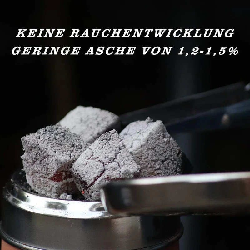 Kokosnuss Kohle mit Langer Brenndauer I 26x26mm Nachhaltige Naturkohle I wenig Asche I geringer Rauc