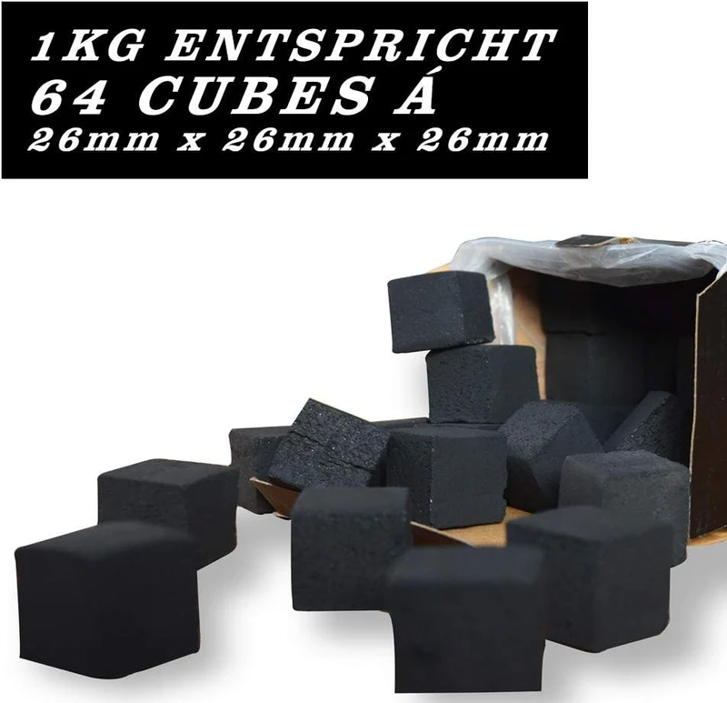 Kokosnuss Kohle mit Langer Brenndauer I 26x26mm Nachhaltige Naturkohle I wenig Asche I geringer Rauc