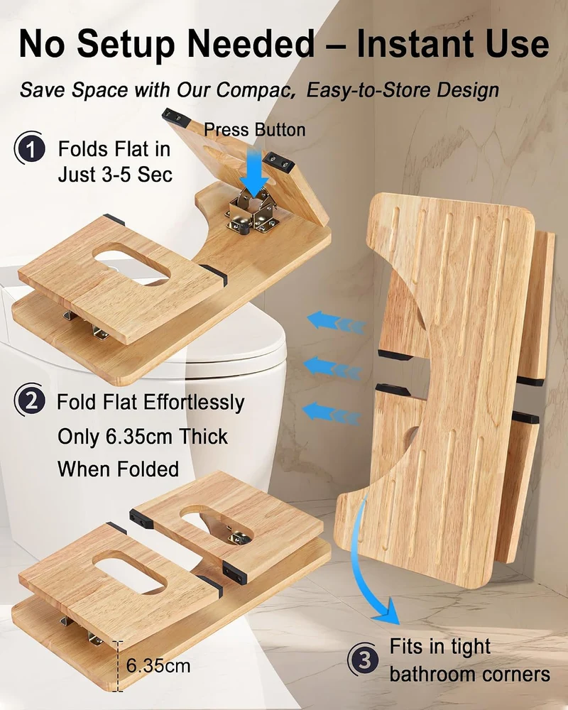 YOSE Toilettenhocker aus Holz für Erwachsene, Faltbarer Hockhocker fürs Badezimmer, Rutschfester Dop
