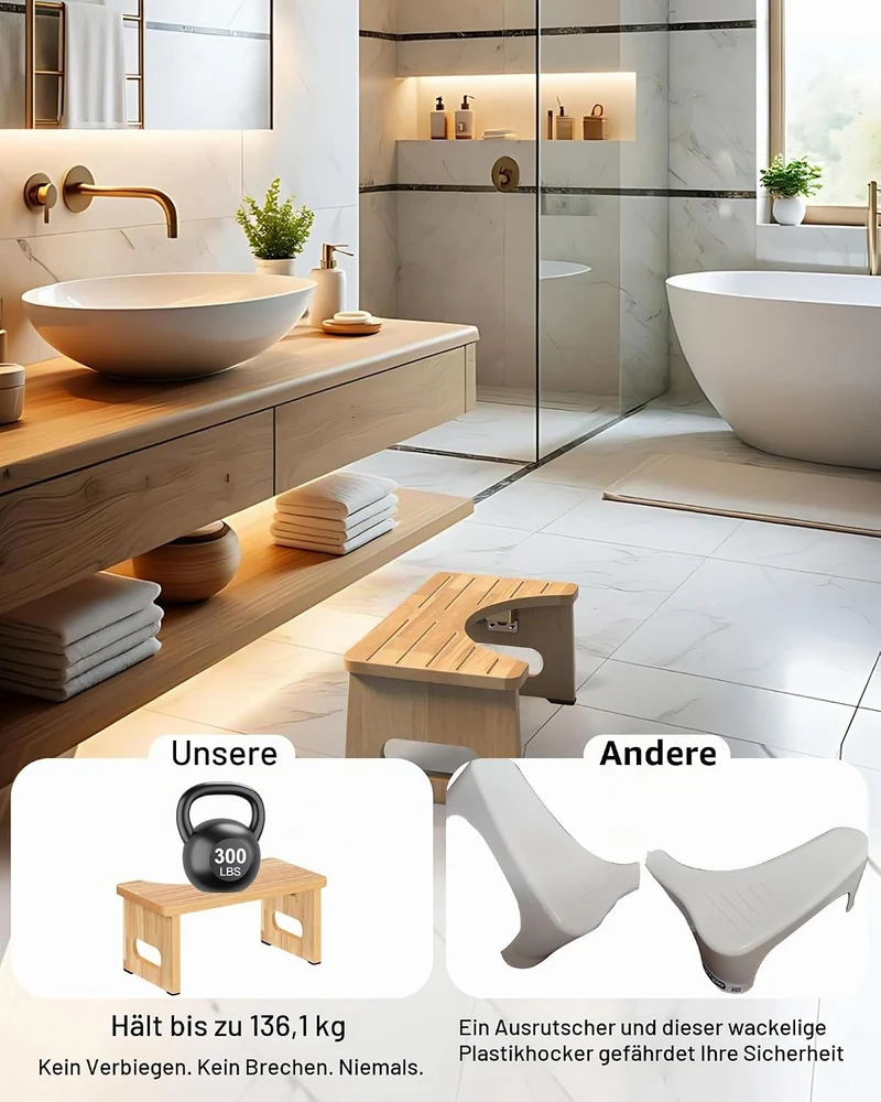 YOSE Toilettenhocker aus Holz für Erwachsene, Faltbarer Hockhocker fürs Badezimmer, Rutschfester Dop