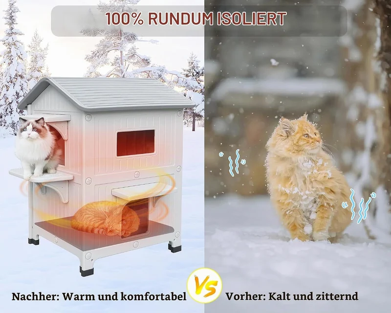 2 Geschichte Katzenhaus Outdoor mit isolierter Auskleidung, Outdoor-Häuser für Katzen Kunststoff aus