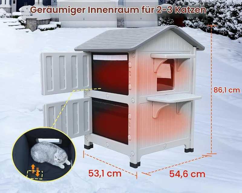 2 Geschichte Katzenhaus Outdoor mit isolierter Auskleidung, Outdoor-Häuser für Katzen Kunststoff aus