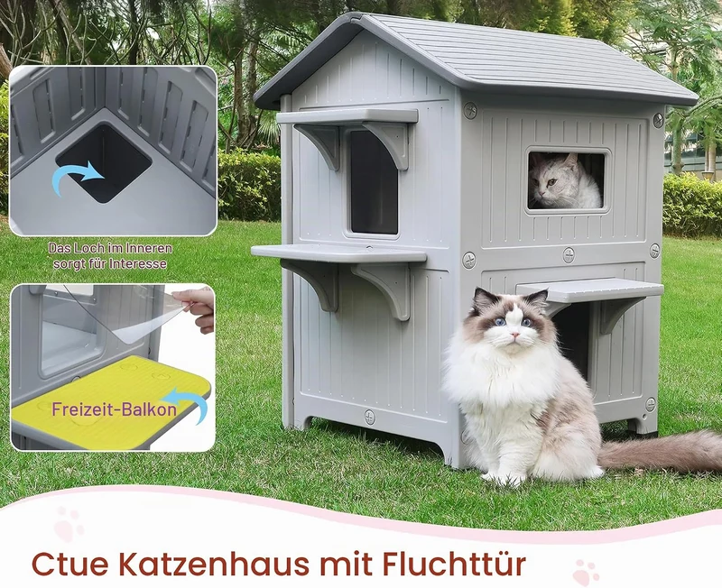 2 Geschichte Katzenhaus Outdoor mit isolierter Auskleidung, Outdoor-Häuser für Katzen Kunststoff aus