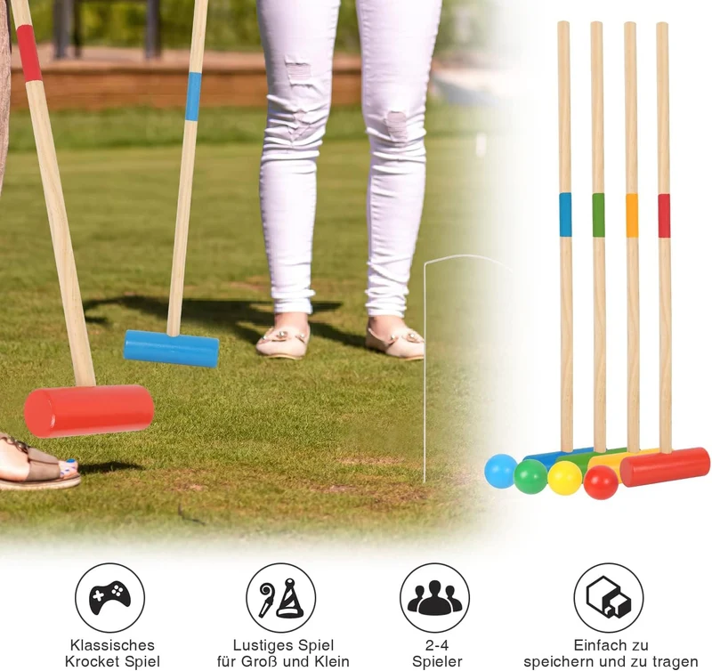 Krocket Spiel, 2-4 Spieler Croquet Set, Krocketspiel Kinder Erwachsene Holzspielzeug, Outdoor Famili