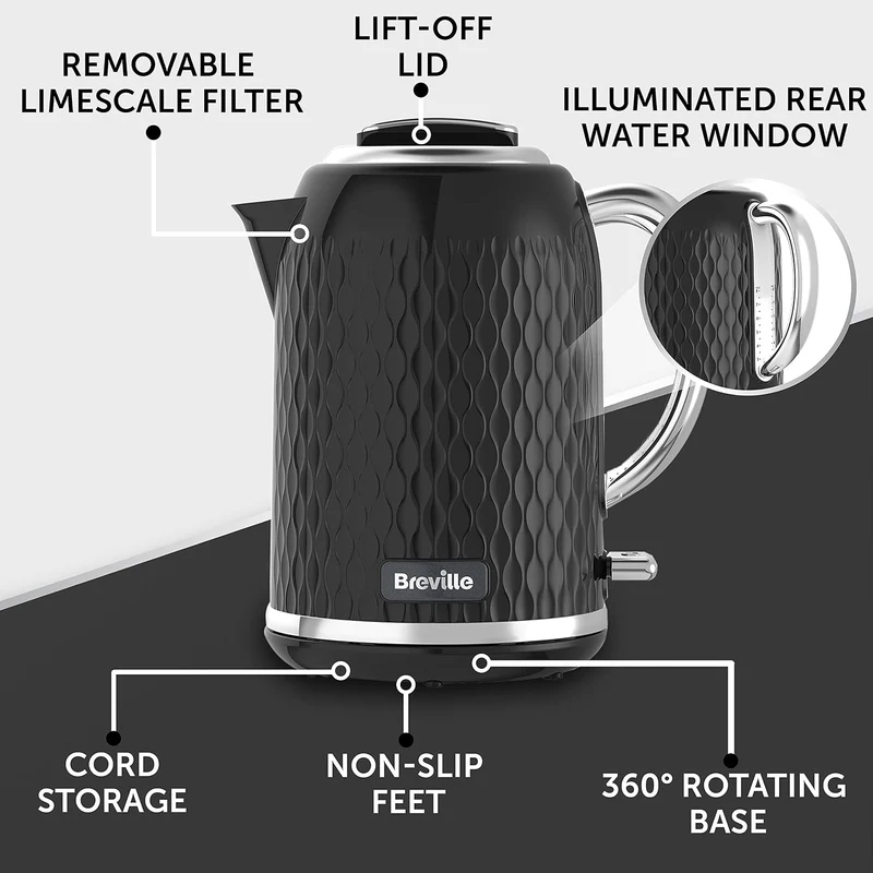 Breville VKT017 Curve Wasserkocher, 3000 W, 1,7 Liter (schwarz) 1.7 Liter Schwarz, 1.7 Liter Schwarz