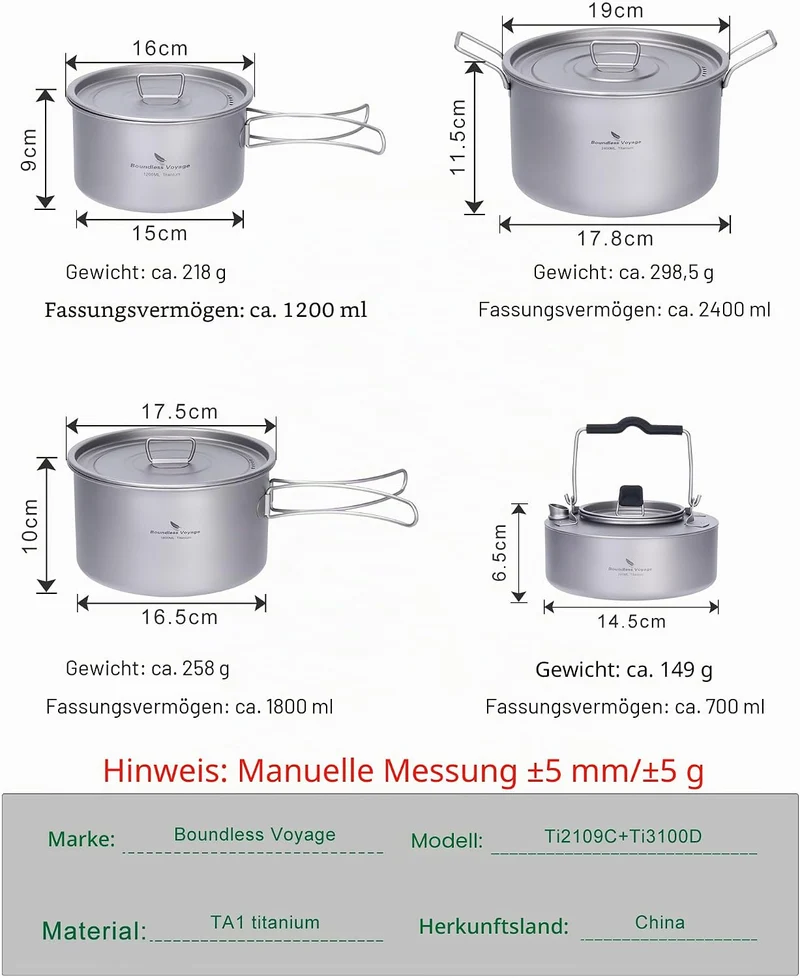 Boundless Voyage Titan Camping Kochgeschirr Mess Kit Faltbares Kochtopf-Set und Wasserkocher für Ruc